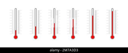 Set von meteorologischen Thermometern mit Celsius- und Fahrenheit-Grad-Skalen und Glasröhren mit verschiedenen Temperaturanzeigen. Vorlagen für Klimamessgeräte. Flache Vektordarstellung Stock Vektor