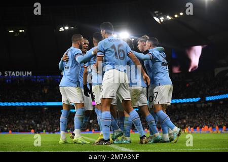 Etihad Stadium, Manchester, Großbritannien. 8. Januar 2023. FA Cup Fußball, Manchester City gegen Chelsea; Julian Alvarez von Manchester City feiert das zweite Tor der Stadt Credit: Action Plus Sports/Alamy Live News Stockfoto