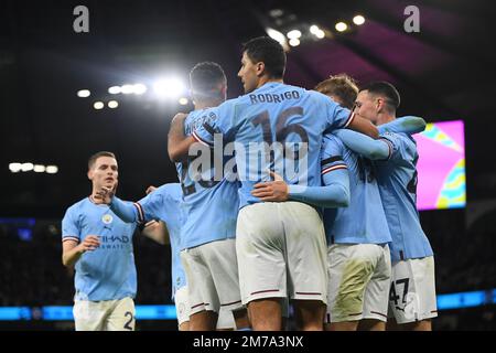 Etihad Stadium, Manchester, Großbritannien. 8. Januar 2023. FA Cup Fußball, Manchester City gegen Chelsea; Julian Alvarez von Manchester City feiert das zweite Tor der Stadt Credit: Action Plus Sports/Alamy Live News Stockfoto