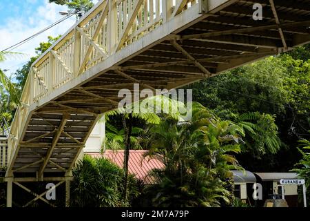 Eine Fußgängerüberführung an der Kuranda Station in Cairns mit Dampfzug im Hintergrund - Far North Queensland, Australien Stockfoto