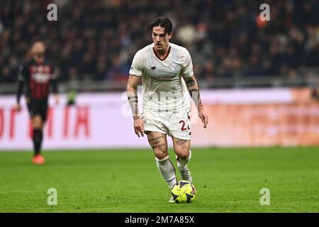 Mailand, Italien. 08. Januar 2023. Nicolo Zaniolo (Roma) während des italienischen Spiels der „Serie A“ zwischen Mailand 2-2 Roma im Giuseppe Meazza Stadion am 08. Januar 2023 in Mailand, Italien. Kredit: Maurizio Borsari/AFLO/Alamy Live News Kredit: Aflo Co Ltd./Alamy Live News Stockfoto