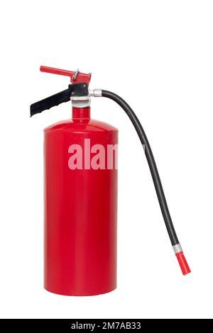 Roter Feuerlöscher, ohne Etikett und mit weißem Hintergrund. Stockfoto