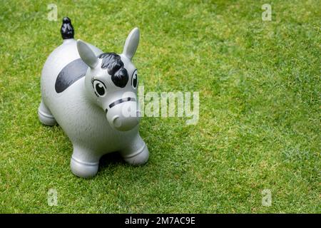 Montierbares Pferd für Kinderparty in einem Garten mit grünem Gras. Stockfoto