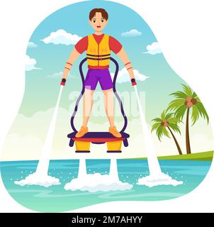 Flyboard Illustration with People Riding Jet Pack in Summer Beach Vacations in Flat Extreme Water Sport Activity Cartoon handgezeichnete Vorlagen Stock Vektor