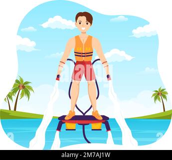 Flyboard Illustration with People Riding Jet Pack in Summer Beach Vacations in Flat Extreme Water Sport Activity Cartoon handgezeichnete Vorlagen Stock Vektor