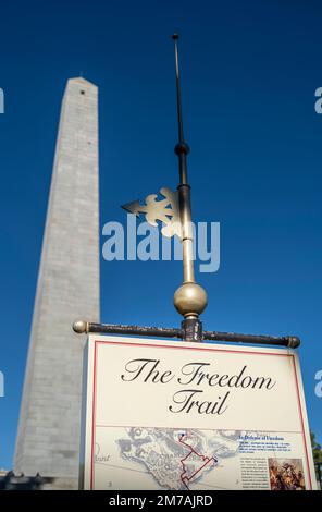 ein schild mit Karte und Wegbeschreibung des Freedom Trail in Boston vom Bunker Hill zum Boston Common mit dem Bunker Hill Monument im Hintergrund Stockfoto