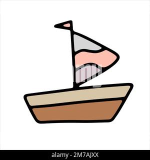 Doodle-Schiff. Lustige primitive Skizze kritzelte Stil. Handgezeichnetes Spielzeugboot Stock Vektor