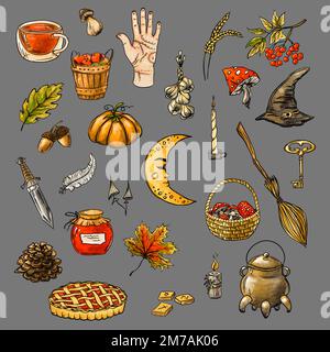 Herbst Set von Sticker-Elementen. Mystischer ländlicher Herbst. Halloween-Konzept Stockfoto