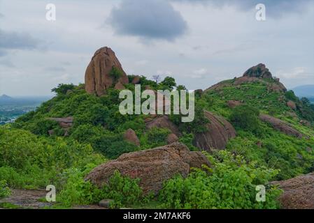 Berggipfel mit grünen Büschen in indien Stockfoto