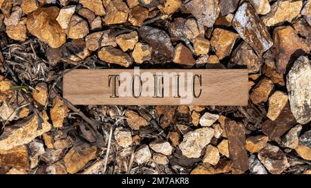 TOEIC-Text. Es wurde im Studio aufgenommen, auf einem Holzrahmen geschrieben. Weißer Hintergrund. Stockfoto