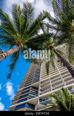 Honolulu, Hawaii - 1. Januar 2022: Blick auf das Trump International Hotel & Tower auf dem Waikiki Beach Walk. Stockfoto