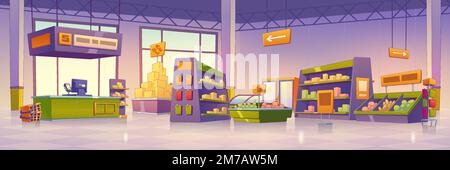 Innenausstattung des Supermarkts. Zeitgenössische Darstellung eines modernen Einkaufszentrums mit Speisen, Getränken auf Regalen und in Kühlschränken, Pfeilschildern, Checkout. Einzelhandelsgeschäft. Spielhintergrund Stock Vektor