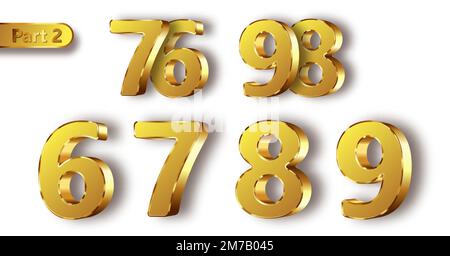 Golden Metal Unique Numbers Set mit realistischer Vektordarstellung. Matt mit glänzendem Rahmen, goldfarbene Metallsymbole oder -Schilder von 6 bis 9, Teil 2, isoliert auf weißem Hintergrund Stock Vektor