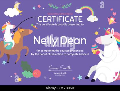Niedliche bunte Zertifikat Vorlage Vektor im Einhorn-Design für Kinder Stock Vektor