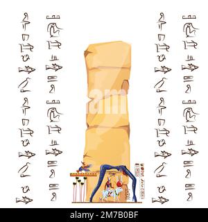 Das antike ägyptische Papyrus oder der Stein-Cartoon-Vektor mit Hieroglyphen und religiösen Symbolen der ägyptischen Kultur, Ra sitzt auf der Kuh zurück, über ihr in Form der Nachthimmel-Göttin Nut, Ra, die zur Himmelslegende abfährt Stock Vektor