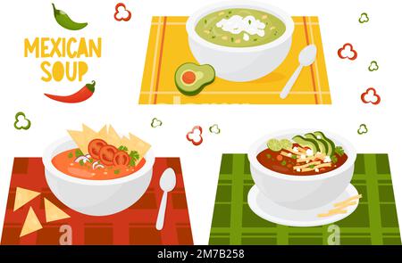 Sammlung mexikanischer Suppen. Grüne Suppe mit Avocado und mexikanische Tomatensuppe mit Tortilla-Pommes auf Tischdecken. Vektor isoliert Stock Vektor