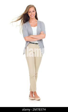 Wunderschön und stilvoll. Das Porträt einer schönen jungen Frau, isoliert auf Weiß. Stockfoto