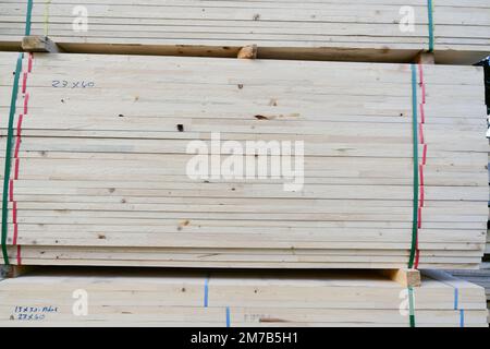 Gestapeltes Holz. Auf dem Holzgelände zum Verkauf bereites Holz. Widerstandsfähiges Holz. Stockfoto