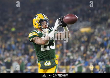 Green Bay, Wisconsin, USA. 8. Januar 2023. Green Bay Packers Cornerback Jaire Alexander (23) ist bereit für ein Fußballspiel gegen die Detroit Lions in Green Bay, Wisconsin. Kirsten Schmitt/Cal Sport Media/Alamy Live News Stockfoto