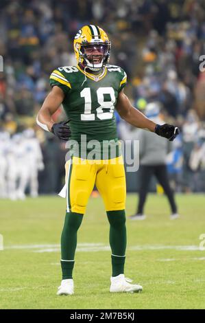 Green Bay, Wisconsin, USA. 8. Januar 2023. Green Bay Packers Wide Receiver Randall Cobb (18) wärmt sich auf, bevor es in Green Bay, Wisconsin, zu einem Fußballspiel gegen die Detroit Lions kommt. Kirsten Schmitt/Cal Sport Media/Alamy Live News Stockfoto