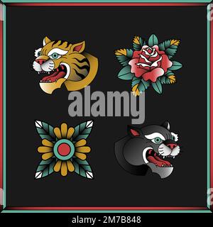 Traditionelle alte Schule Aufkleber auf einem schwarzen Hintergrund Vektor isoliert gesetzt Stock Vektor