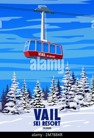 Poster Ski Travel Resort Vail. Reisekarte für die Winterlandschaft Colorado USA Stock Vektor