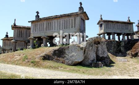 Getreidespeicher von Soajo, traditionelle Strukturen, auf Beinen mit Steinscheiben gekrönt angehoben, die älteste von ihnen stammt aus dem 18.. Jahrhundert, Portugal Stockfoto