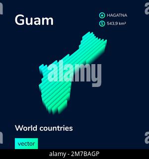 Gestreifte isometrische Neonvektorkarte Guam in Trendfarben. Infografik zur Geografie, Poster, Banner, Vorlage. Stock Vektor