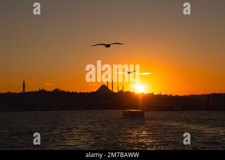 Silhouette von Istanbul. Möwen und Silhouette der Suleymaniye Moschee von einer Fähre bei Sonnenuntergang. Ramadan oder islamisches Konzeptfoto. Stockfoto