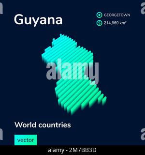 Gestreifte isometrische Neonvektorkarte Guyana in Trendfarben mit 3D-Effekt. Infografik zur Geografie, Poster, Banner, Vorlage. Stock Vektor