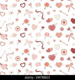 Valentinstag Nahtloses Muster mit Herz, Blume, Bogen, Amor-Bogen, Liebesbrief, Pfeil, Pfeil, Rose. Handgezeichnete Vektordarstellung. Stock Vektor