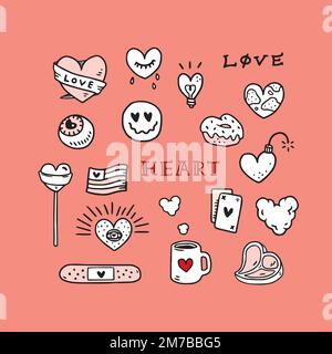 Set von Liebes-Tattoo Hand gezeichnete Vektorzeichnung mit Smiley, Süßigkeiten, Becher, Donut, Licht, Bombe, Flagge, Auge, Karte, Band. Liebe und Herztext. Valentinstag Stock Vektor