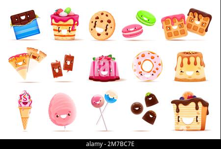 Cartoon-lustige Süßigkeiten, Desserts und Bäckereifiguren. Isolierter Vektor-Kawaii-Schokoriegel, Kuchen, Kuchen, Eis und Donut. Zuckerwatte, Lutscher, Pudding, Kekse oder Waffeln und Makronen Stock Vektor