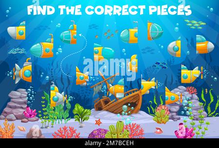 Finden Sie die richtigen Stücke des Unterwasser-U-Boots und des Bathyscaphe. Vektor-Puzzle-Arbeitsblatt, Denkpause mit gelben, vom U-Boot getrennten Hälften auf dem Meeresgrund mit gesunkenem Schiff, Korallen und Fischen Stock Vektor