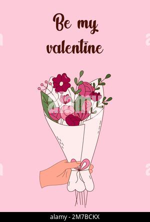 Handgezeichnete Blumensträuße zum Valentinstag. Designelemente für Poster, Grußkarten, Banner und Einladungen. Stock Vektor