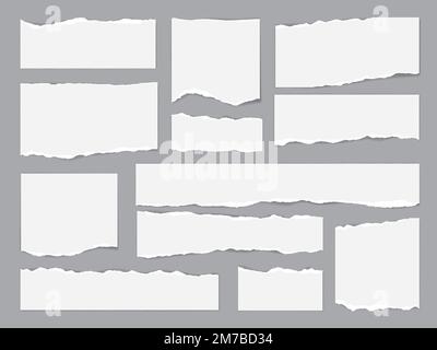 Weißes Papier zerreißt, zerrissene Seiten und Schrott, Notizbuch-zerrissene Notizstreifen, Vektor. Weiße zerrissene Papierblätter oder Notizblock-Reste aus Copybook, zerrissene Seitenrisse und zerrissene Stücke Stock Vektor