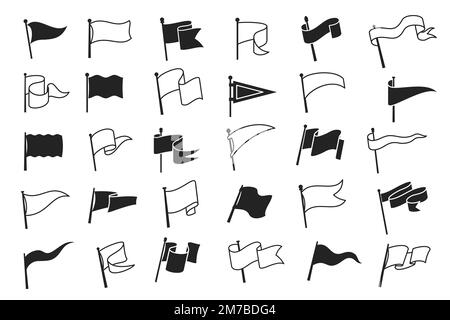 Weiße und schwarze Flaggen im Retro-Stil, Banneranhänger an Fahnenmasten, Vektorsymbole. Sportcamp- oder Universitäts- und Varsity-Club-Wimpel, leere, schwenkbare Flagge auf Stangen, lineare Umrissschilder Stock Vektor