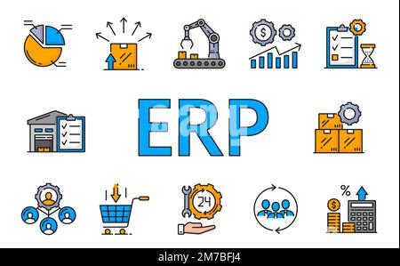 ERP-Farbsymbole, Infografiken zur Planung von Unternehmensressourcen. Vector umreißt Symbole für Produktion, Bestand, Vertriebsservice, Lieferung und Support, Vertrieb und Geschäftsprozesse Stock Vektor