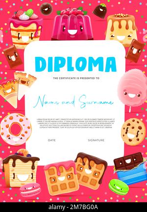 Kinder Diplom Cartoon lustige Bäckerei und Dessertfiguren. Vector Award-Rahmen, Zertifikatvorlage mit Kawaii-Waffel, Donut, Keks und Zuckerwatte. Pudding, Kuchen, Kuchen, Makronen, Schokolade Stock Vektor
