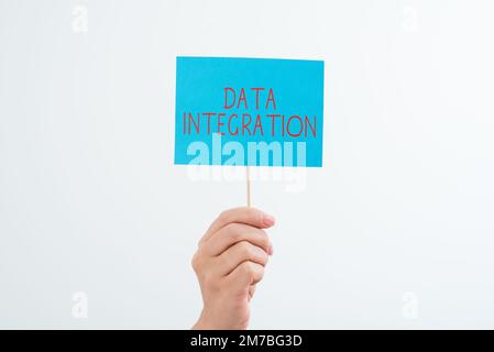 Inspiration für Signage Data Integration. Word for beinhaltet die Kombination von Daten aus verschiedenen Quellen Stockfoto