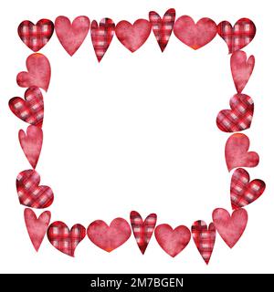 Aquarell handgezeichnete quadratische Rahmen aus roten, pinkfarbenen und karierten Herzen zum Valentinstag. Isoliert auf weißem Hintergrund. Design für Papier, Liebe, Begrüßung Stockfoto