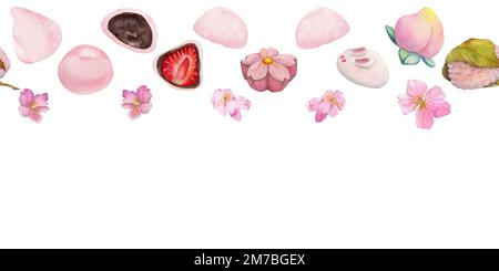 Handgezeichnete traditionelle japanische Süßigkeiten in Aquarellfarben. Nahtloser Rand von Frühlings-Wagashi, Sakura-Blumen. Isoliert auf weißem Hintergrund. Für Einladungen Stockfoto