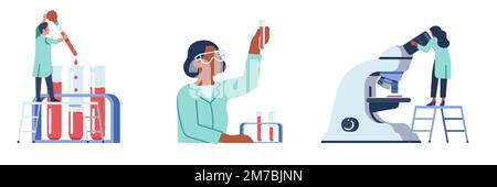 Medizinische Blutanalyse von Menschen in Reagenzgläsern. Labordiagnosegeräte. Mikroskop und kleiner Wissenschaftler. Biochemische Forschung. Plasmaproben Stock Vektor