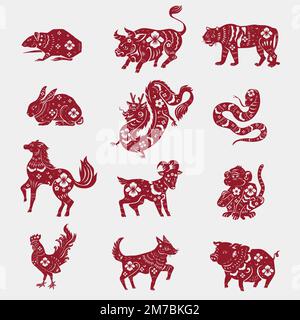 Chinesisches Horoskop Tiere Vektor rot Neujahr Aufkleber Set Stock Vektor
