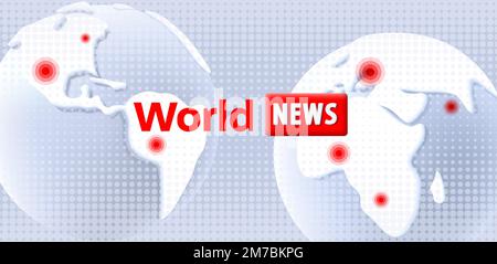 Bildschirmvorlage World News Spalsh mit 3D weißen und grauen Globen mit verschiedenen Kontinenten und rotem Zeiger in Städten Stock Vektor