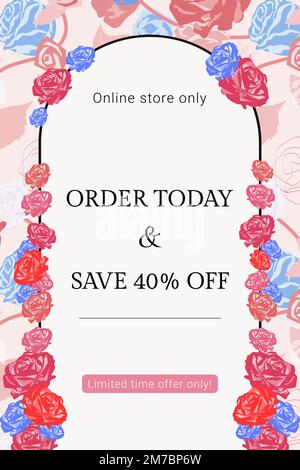 Feminine BLUMENVERKAUF Vorlage Vektor mit bunten Rosen Mode Werbebanner Stock Vektor