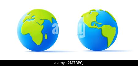 Cartoon Planet Earth 3D Vektorsymbol in Grün und Blau, Volumen Kontinente, 3D-Renderstil Stock Vektor