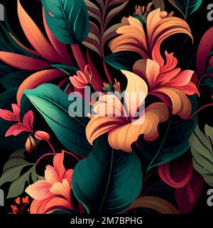 Nahtloses Muster grüner tropischer Blätter mit strelitzia-, Plumeria- und Hibiskusblüten auf dunklem Hintergrund - Vektordarstellung Stock Vektor