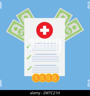 eine 3D-Darstellung eines medizinischen Dokuments mit Geldsymbolen und blauem Hintergrund Stock Vektor