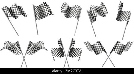 Schachbrettflaggen. Zielflagge, Glückwunsch zum Rennsportgewinner und ein realistisches 3D-Vektorset mit Trophäenband Stock Vektor